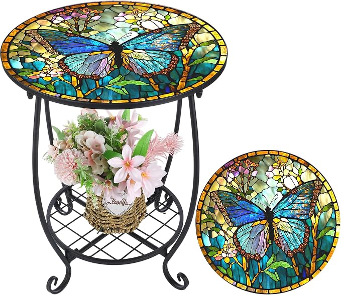 Cinnvoice Outdoor Side Table Round Small Mosaic Patio Accent Indoor End Plant by Cinnvoice