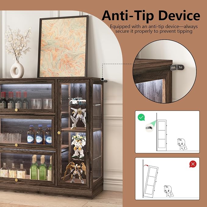 Display Cabinet with Acrylic Glass Doors, Extra Wide Curio Cabinet with LED - Image 9