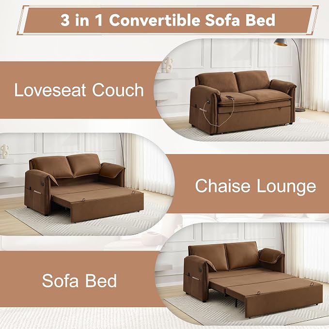 63" Velvet 3 in 1 Convertible Sleeper Sofa Bed, Pull Out Couch Bed Loveseat - Image 7