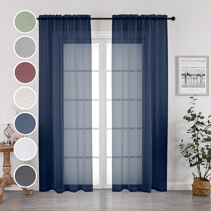 Navy Blue Sheer Curtains 96 Inches Long 2 Panels Set, Elegant Sheer Curtains by OWENIE