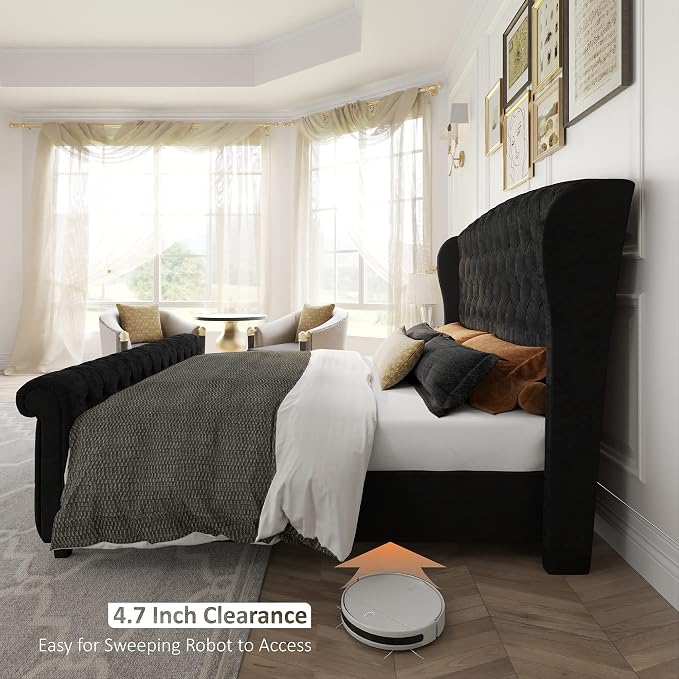 AMERLIFE King Size Platform Bed Frame, Velvet Upholstered Sleigh Bed - Image 6