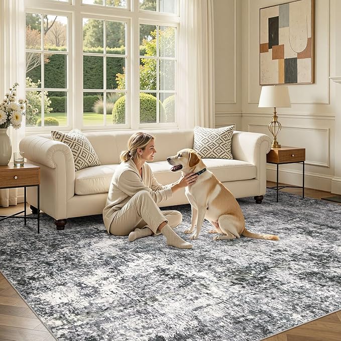 DMOYEST Area Rug Living Room Rugs 10x14 Washable Abstract Grey Carpet | Neutral - Image 5