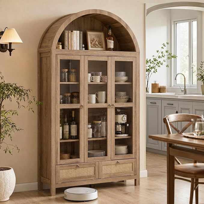 TYBOATLE 75'' Arched Cabinet Classic Farmhouse Design w/Three Glass Doors by TYBOATLE