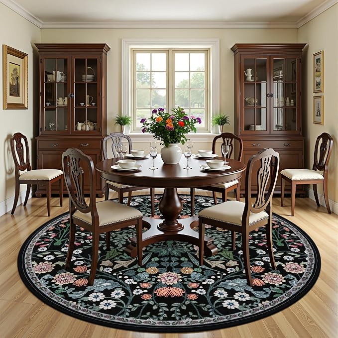 PLHXFR Round Area Rug Living Room: 8 ft Floral Washable Carpet Dark Black | - Image 3