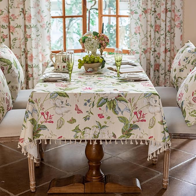 VClife Vintage Floral Butterfly Pattern Tablecloth, Linen Textured Rectangle by VCLIFE