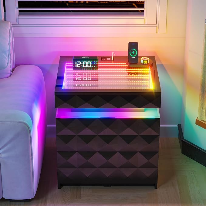 HWB Nightstand with RGB Lights, 3 Drawers Night Stand with Hidden Storage by HWBEnjoywarmhome