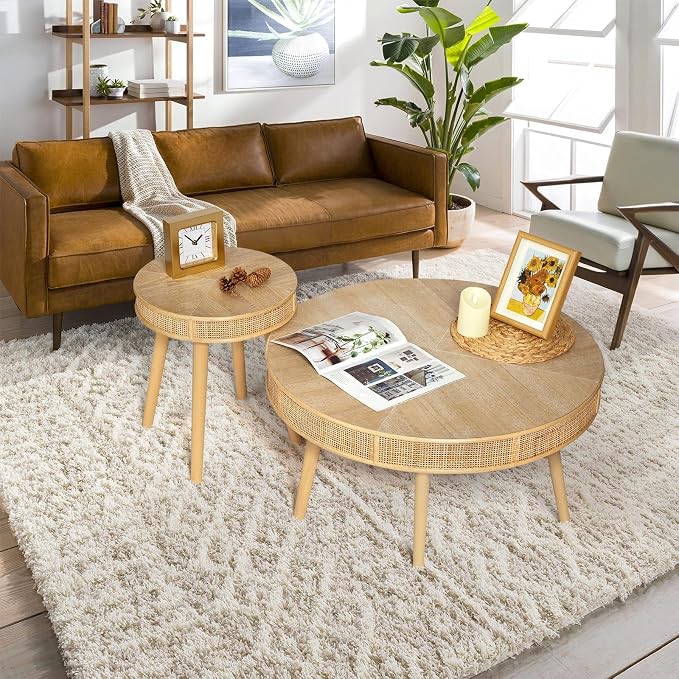 RUSTOWN 2-Piece Farmhouse Coffee Table, Modern Rustic Sofa Side Tea Tables - Image 5