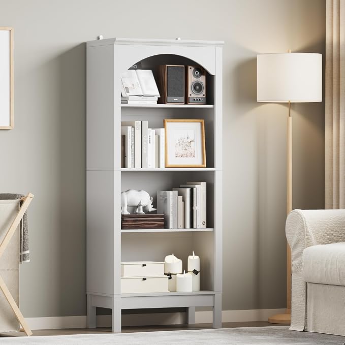 Arched Bookshelf with 4 Tier Open Shelves, Study and Living Room, Modern White - Image 7