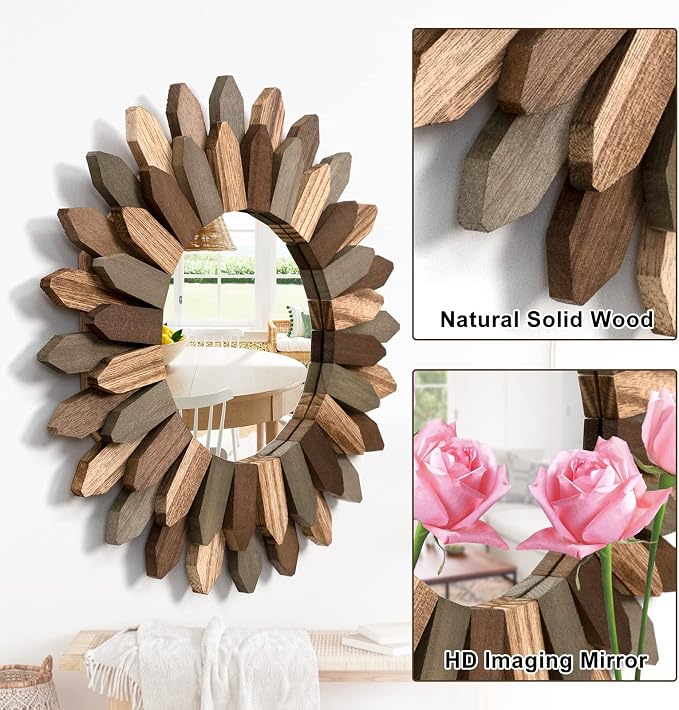 Emfogo Wall Mirror 12 inch Rustic Wood Sunburst Boho Mirror Farmhouse Wall - Image 5