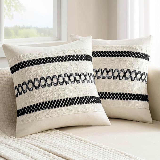 MIULEE Set of 2 Black Boho Decorative Pillow Covers 18x18 Inch | Farmhouse by MIULEE
