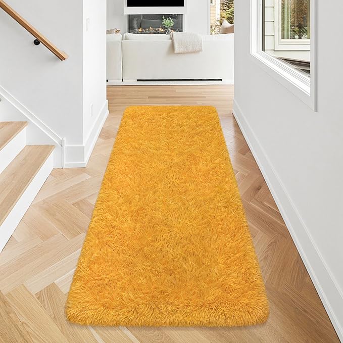 Beige Yellow Runner Rug for Bedroom 2x5ft Fluffy Area Rug Bedside Runner - Image 2