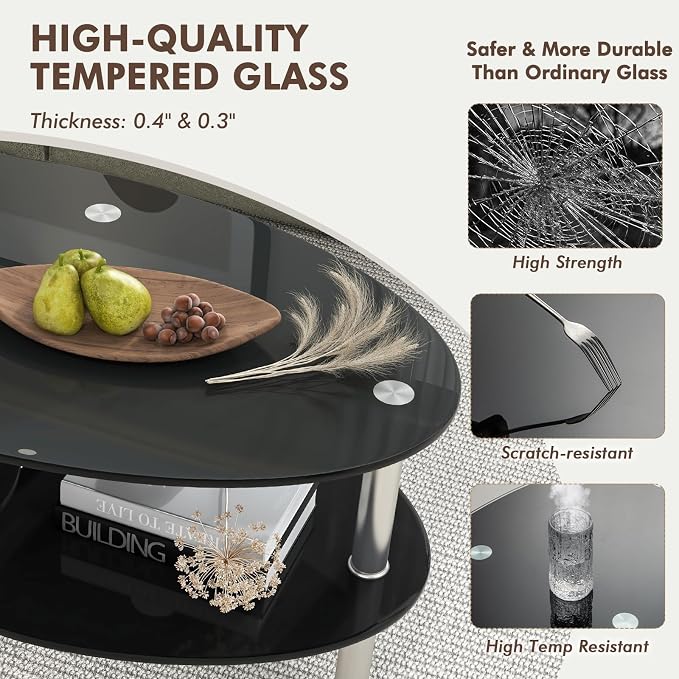 Tangkula Glass Coffee Table, 2-Tier Modern Oval Smooth Glass Tea Table End Table - Image 7