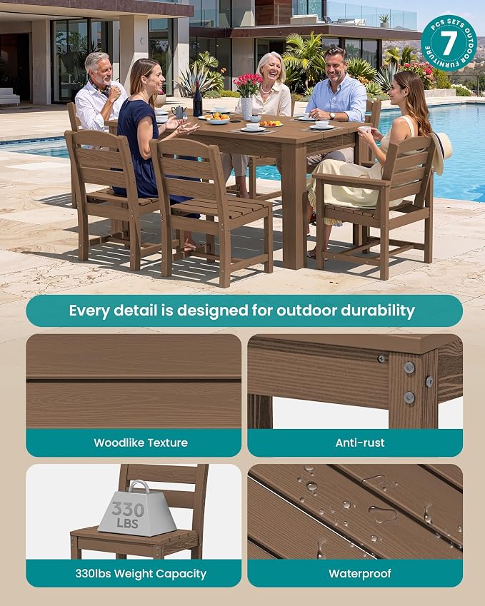 SERWALL HDPE Dining Set for 6: 1 Umbrella Hole Table, 4 Armless + 2 Armchairs. - Image 2