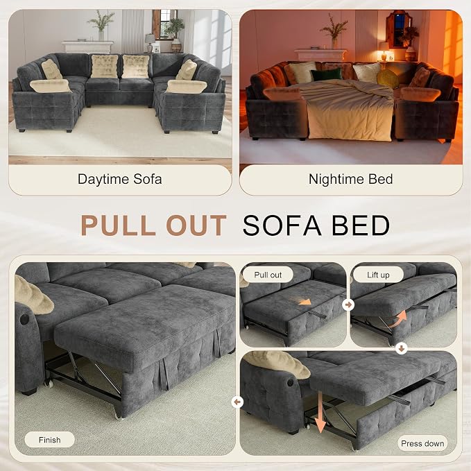 Hanherry Sectional Couch with Pull Out Sofa Bed, Chenille Sleeper Sofa with 2 - Image 3