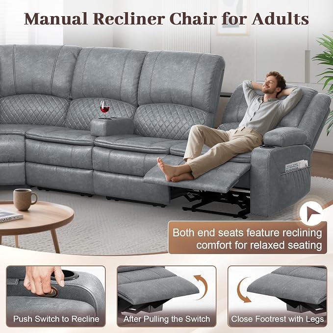 Yolsali Manual Reclining Sectional Sofa Set, 4 Seats Soft Leather Recliner - Image 6