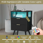 JOONEE Black Nightstand with Charging Station and LED Lights, Modern Bedside - Image 5