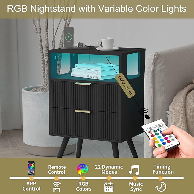 JOONEE Black Nightstand with Charging Station and LED Lights, Modern Bedside - Image 5