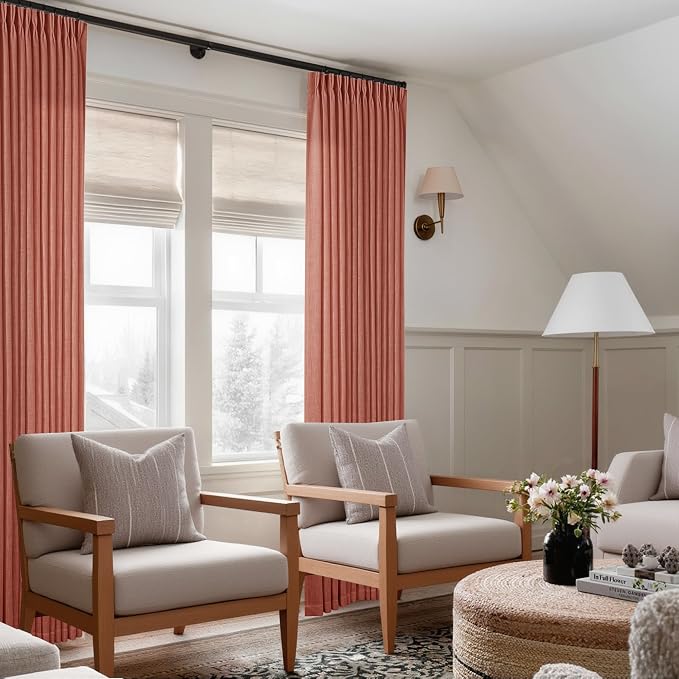 Firebrick 80 Inch Pinch Pleated Light Filtering Linen Curtains 2 Panels | Boho - Image 7
