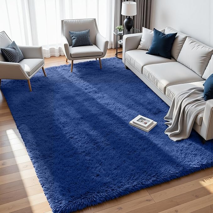 5x7 Fluffy Shag Area Rugs for Living Room Bedroom: Soft Plush Carpet Blue | - Image 4