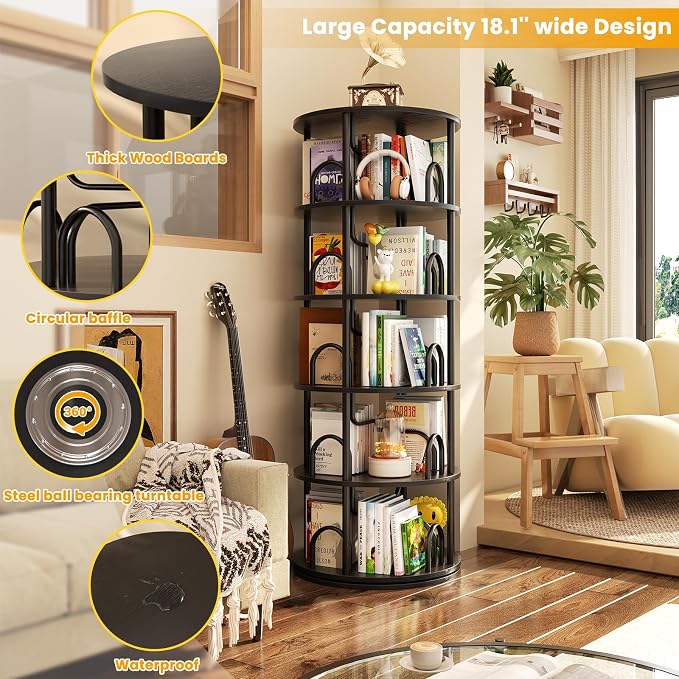 Aheaplus 5 Tier Rotating Bookshelf Tower, 360 Display Spinning Bookcase - Image 4