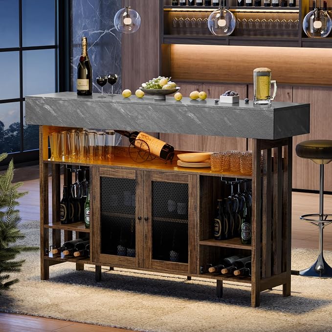 4-Tier Home Bar Unit, 63-Inch Wooden & Dark Gray Marble Bar Cabinet, LED Liquor - Image 6