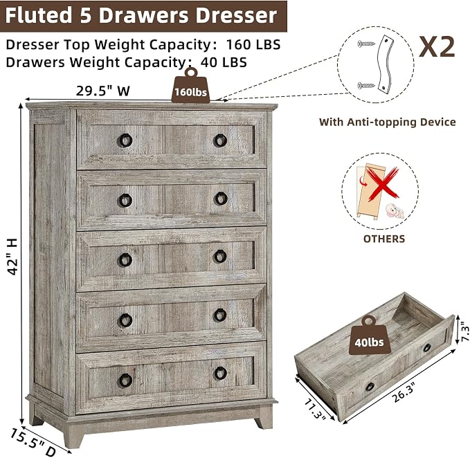 Joaxswe Farmhouse 5 Drawer Dresser - Image 2