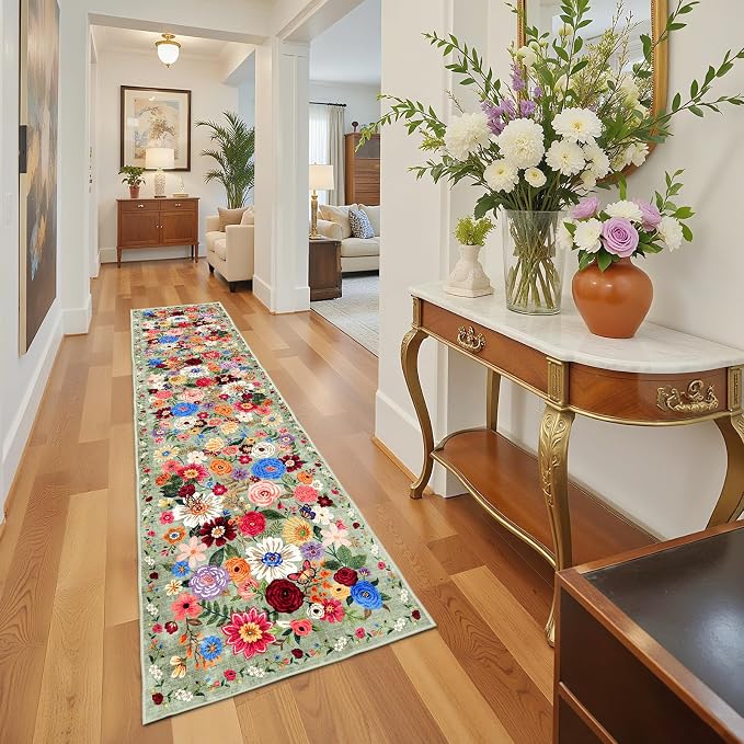 Green Floral Hallway Runner Rug 2'6"x14 - Image 6