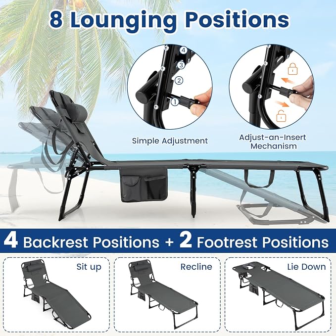 Goplus Tanning Chair, Folding Adjustable Patio Lounge Chair - Image 4