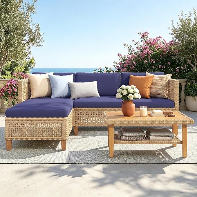 PHI VILLA Sectional Outdoor Couch, L-Shaped Wicker Patio Sofa Set, Small Rattan by PHIVILLA