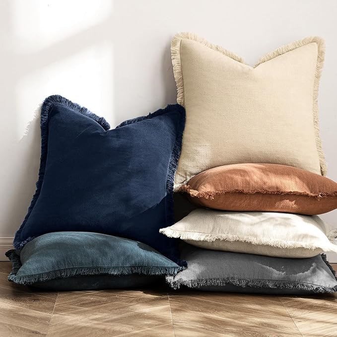 MIULEE Boho Linen Fringe Decorative Throw Pillow Covers Dark Navy 16x16 | Set - Image 4