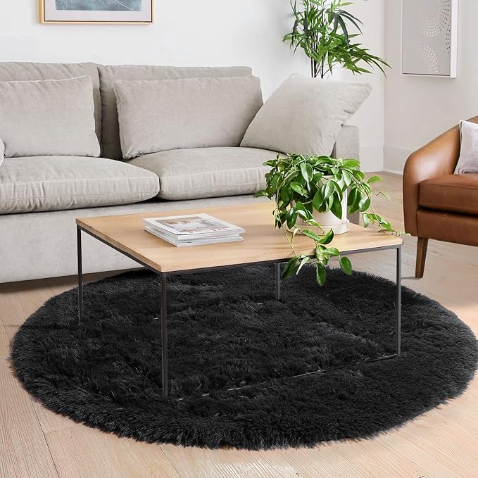 Amdrebio Black Plush Small Round Rug 3Ft - Image 5
