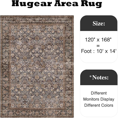 10x14 Brown Blue Vintage Floral Washable Area Rug - Image 2