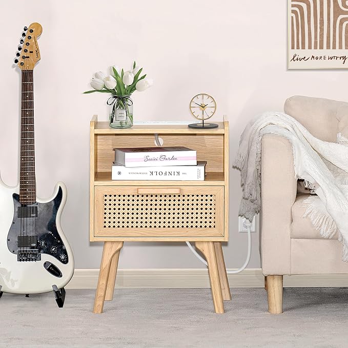 Lerliuo Rattan Nightstand with Charging Station, Boho Side Table with Drawer - Image 7