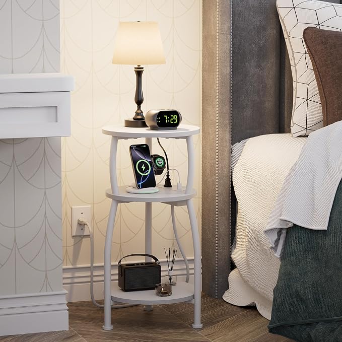 Round Side Table with Power Outlet & USB Ports, 3-Tier End Table with Storage - Image 2