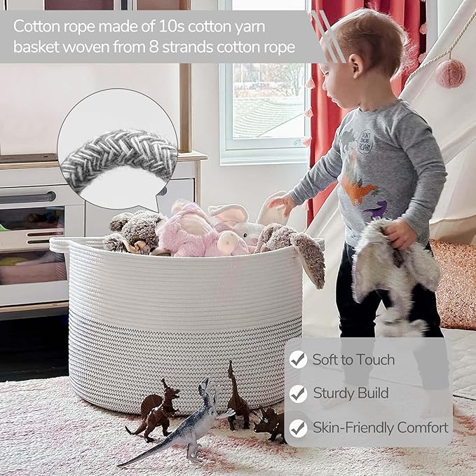 INDRESSME XXXLarge Cotton Rope Basket 21.7" x 21.7" x 13.8" Woven Baby Laundry - Image 3