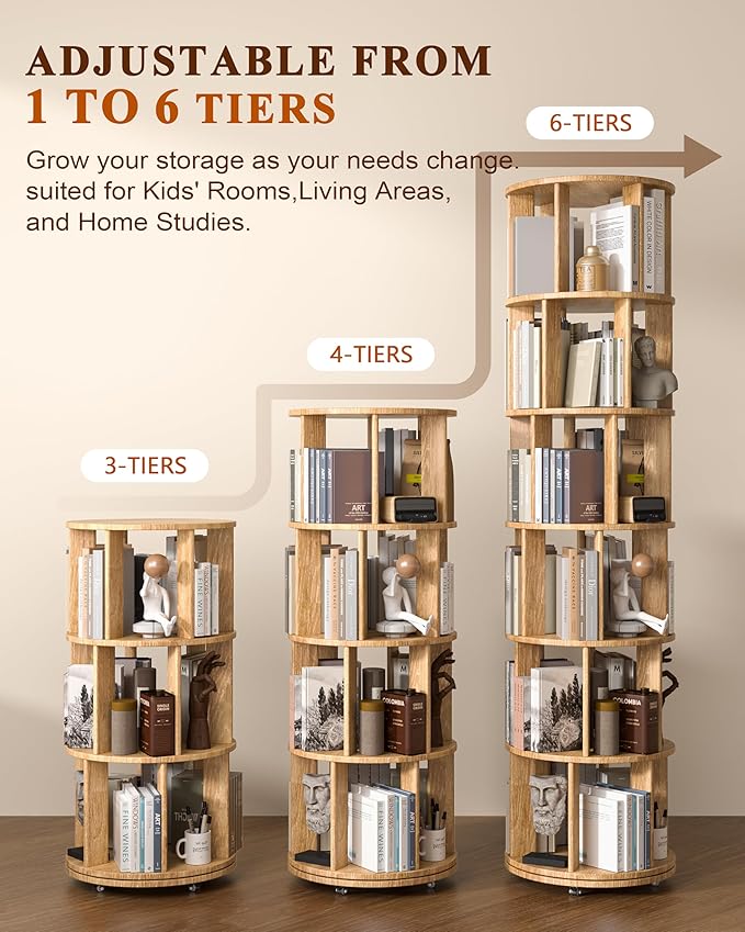 4-Tier Solid Wood Rotating Bookshelf on Wheels, 360° Spinning Book Shelf Tower - Image 4