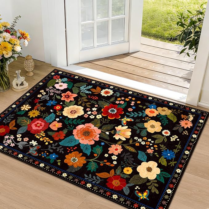 RELEANY Floral Washable 2x3 Area Rugs Doormat Black | Flower Carpet Print Boho - Image 9