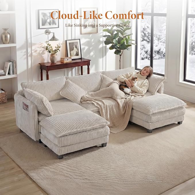 Vesgantti 109" U Shaped Cloud Sectional Sofa, Comfy Corduroy Upholstered - Image 5