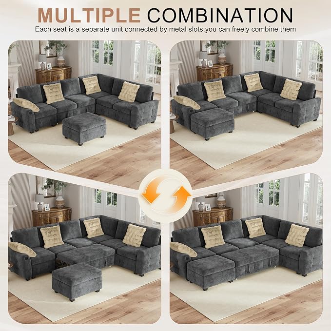 Hanherry Sectional Couch with Pull Out Sofa Bed, Chenille Sleeper Sofa with - Image 7