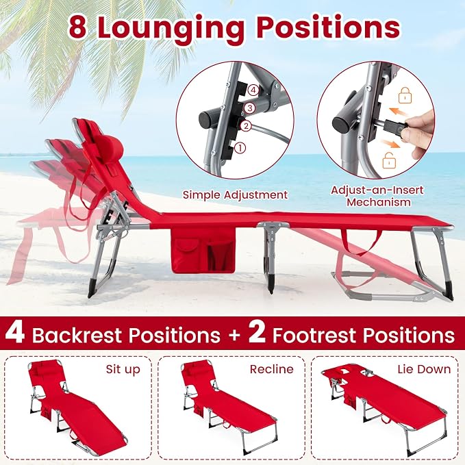 Goplus Tanning Chair, Folding Adjustable Patio Lounger w/Face Arm Holes - Image 4