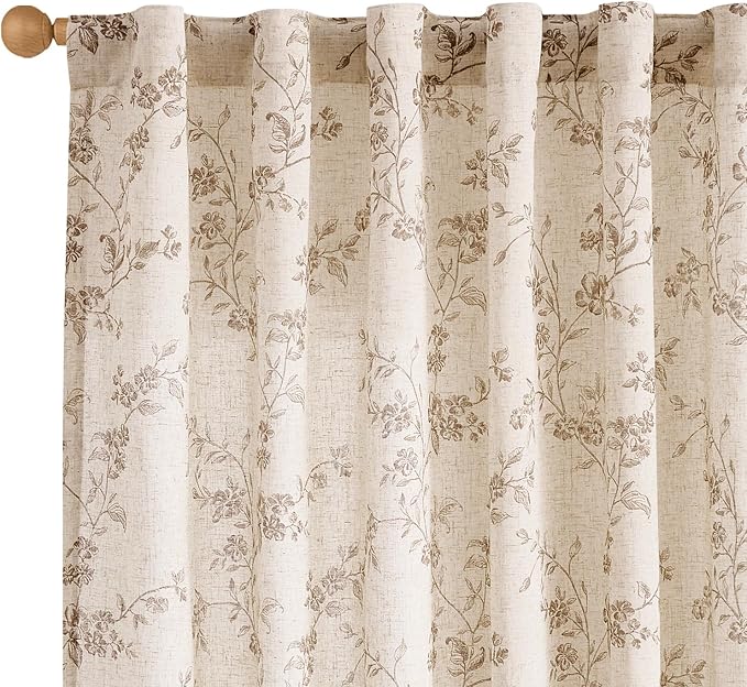 Taupe Vintage Floral Linen Curtains Farmhouse 50W X 90L 2 Panels | Elisa Series by Lazzzy
