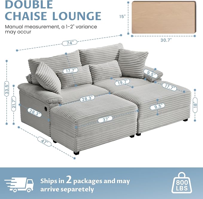 SUNWAVE 74" W Double Chaise Lounge Chair Indoor, Oversized Loveseat - Image 2