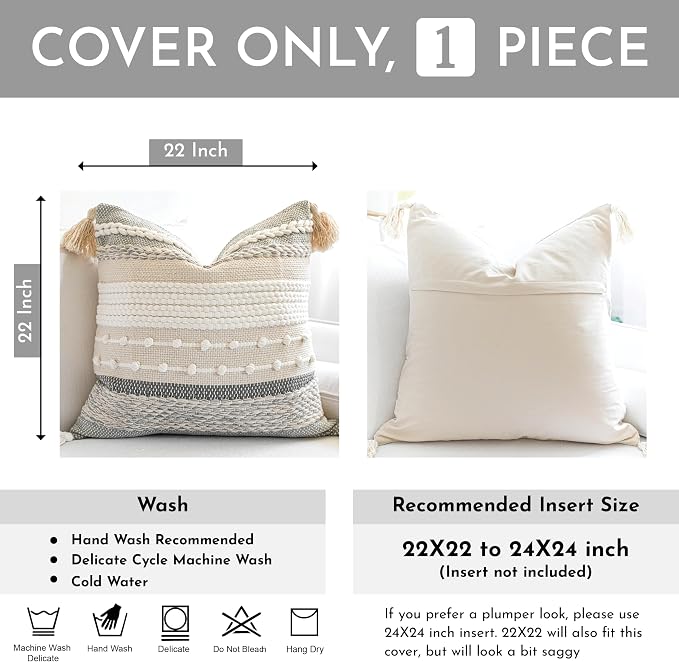 Gray Boho Throw Pillow Cover 22x22, Square Woven Textured Pillowcase, Modern - Image 3