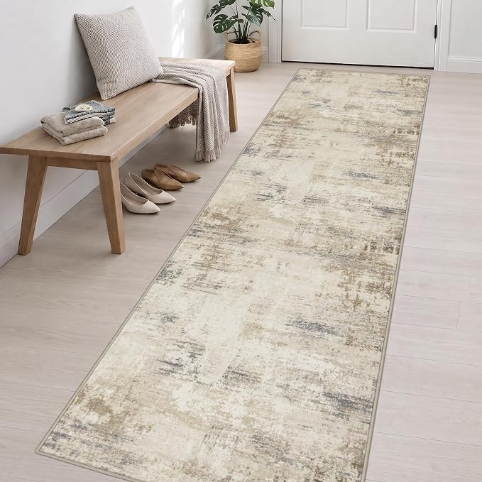 3x14 Washable Runner Rug：Modern Abstract Soft Carpet Beige Brown | - Image 3