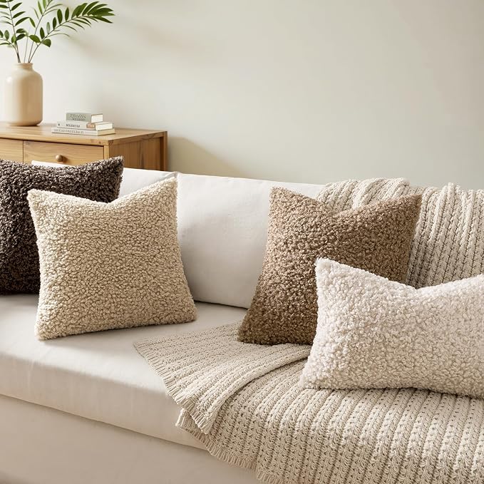 Faux Fur Throw Pillow Covers 24x24 Inch Set of 2 Euro Boucle Neutral Decorative - Image 4