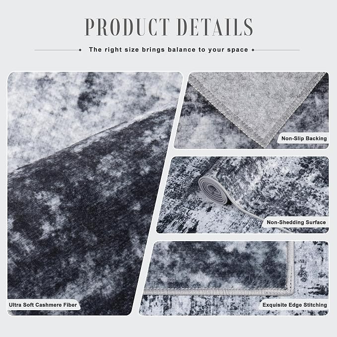 Round Area Rug Living Room: 4 ft Modern Washable Carpet Black | - Image 7