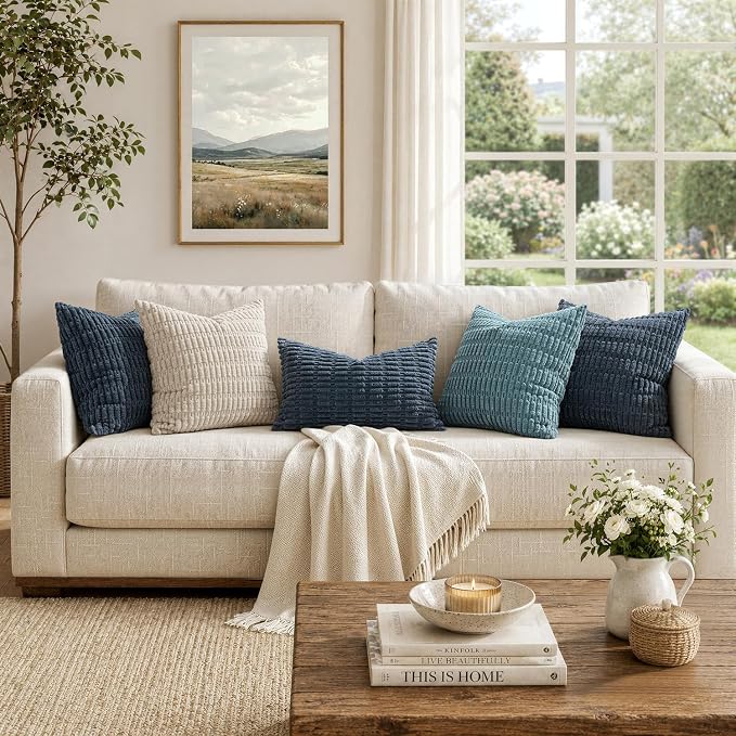MIULEE Lumbar Corduroy Decorative Throw Pillow Covers 12x20 Blue Pack of 2 | - Image 3