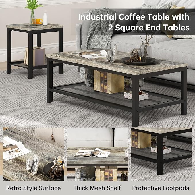 AWQM Coffee Table Set of 3, Industrial Coffee Table - Image 6