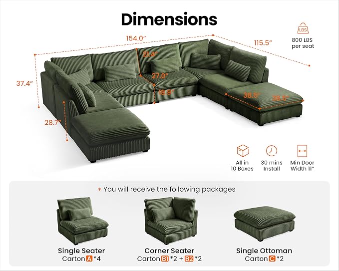 154" Oversized Corduroy Couch Modular Sectional Sofa, Washable Cloud Couch - Image 2