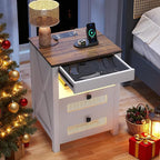 Nightstand with Gun Drawer, Rattan Bedside Table with Charging Station by ACTKISS